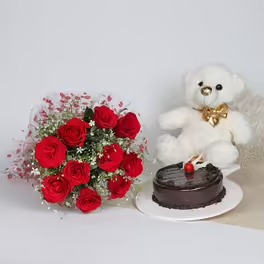 Red Rose Bunch With Teddy N Cake